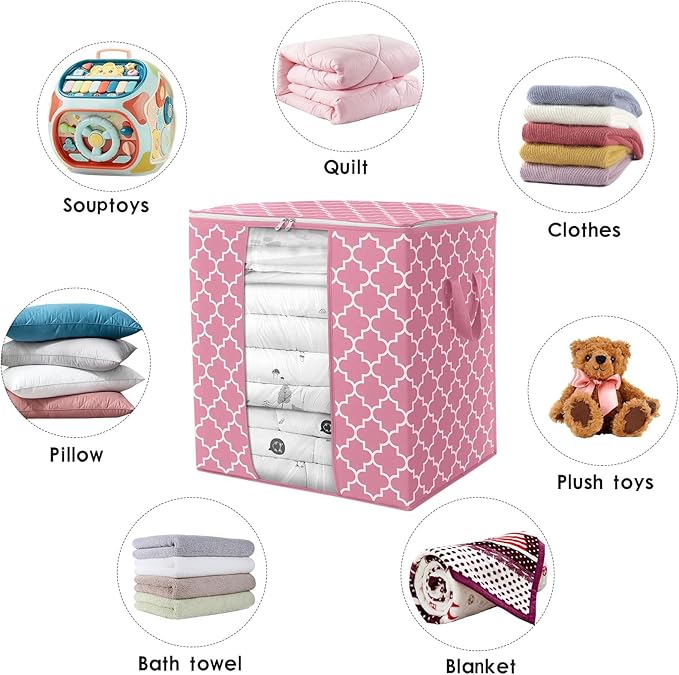 WISELIFE Storage Bags 8 Pack/100L Large Blanket Clothes Organization and Storage Containers for Comforters,Bedding, Foldable Organizer with Reinforced Handle, Clear Window, Sturdy Zippers,Pink