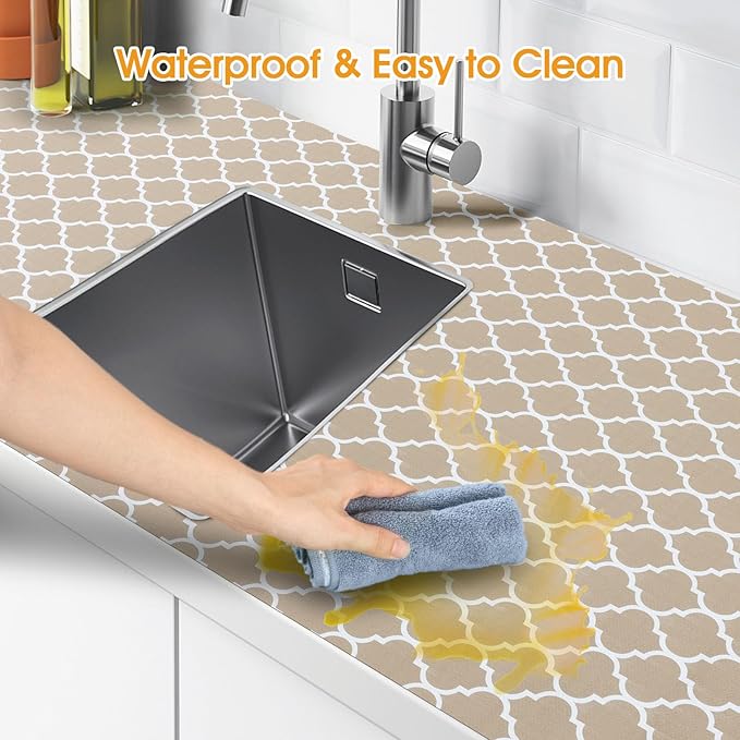 Shelf and Drawer Liner for Kitchen Cabinets Non-Adhesive, Strong Grip Non-Slip Thickened Cabinet Liners for Shelves, Waterproof Mats for Dresser Cupboard, Beige, 17 in x 30 Feet