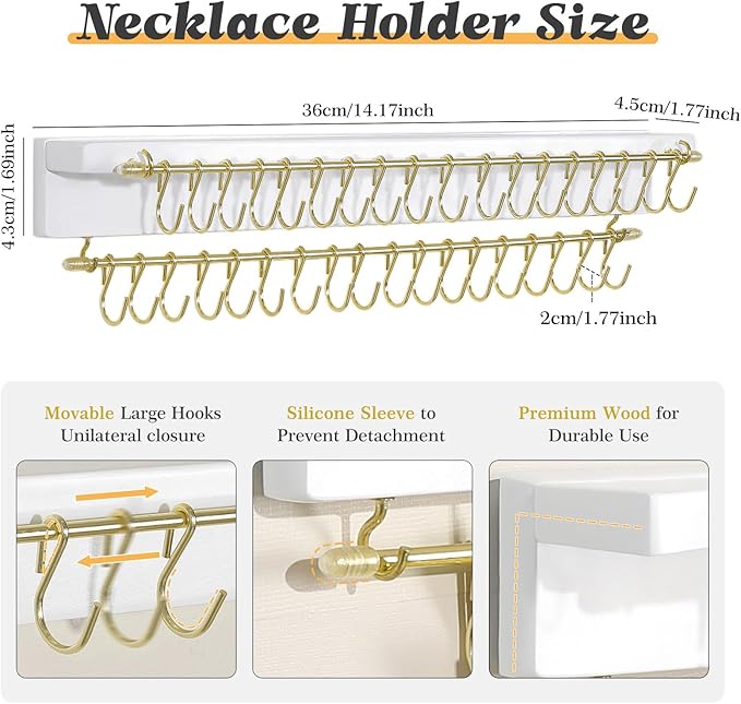 Necklace Holder Wall Mounted Necklace Organizer with 36 Hooks, Hanging Jewelry Organizer for Bracelets, Rings and Necklaces Display Storage for Girls and Women