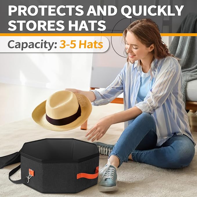 Hat Storage Box for Women & Men, Hardboard Support Hat Boxes with 1 Door Hook Hat Organizer, Cowboy Hat Box for Travel, Hat Bag Hat Case (Black)