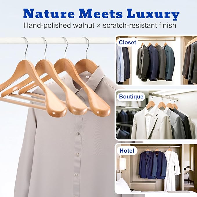 HOUSE DAY Wood Suit Hangers for Men, Smooth Wide Shoulder Wooden Hanger with Non Slip Pant Holder, Wide Hangers for Suits, Coats, Jackets, Heavy Wide Clothes Hanger 2 Pack, Natural