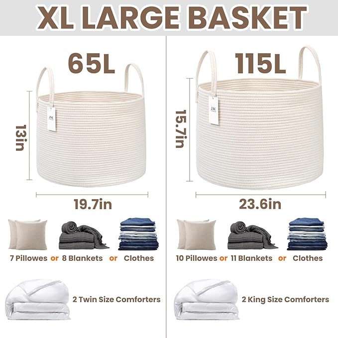65L Extra Large Blanket Basket for Living Room - Woven Cotton Rope Laundry Hamper with Reinforced Handles - Storage Bin for Pillows, Comforters & Toys - Machine Washable,White