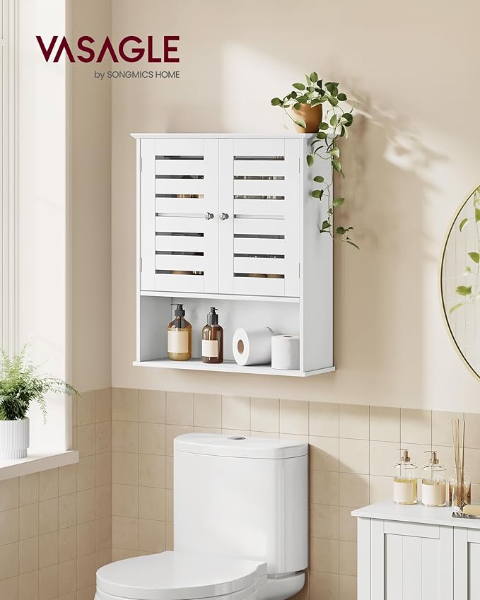 VASAGLE Bathroom Wall Cabinet, Medicine Cabinet, Wall-Mounted Bathroom Storage Cabinet, with Adjustable Shelf, Double Slat Doors and Open Shelf, 7.9 x 23.6 x 27.6 Inches, Cloud White UBBK028W01