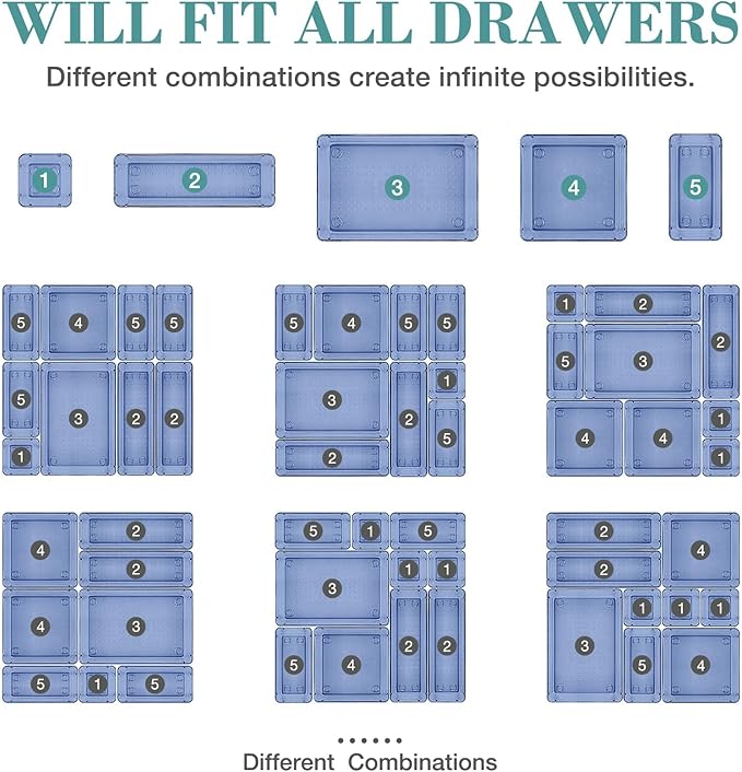 10 PCS Drawer Organizer Set, 5 Varied Size Bathroom and kitchen Drawer cabinet organizer Trays, Clear Storage Bins for Makeup, Jewelry, Utensils and Gadgets, Dark Blue