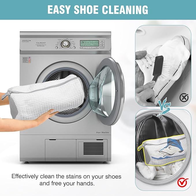 Shoe Washing Machine Bag, Shoe Laundry Bag for Washer and Dryer, Include Dry Net Bag, Reusable and Durable Zipper with Hook Design, Shoe Washing Bag for Sneaker (White, 1 Pack)