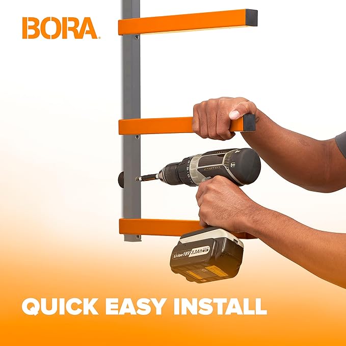 BORA Wood Storage Rack Wall Mount - Heavy Duty Lumber Storage Rack System for Garage Organization - 4-Level Workshop Organizer for Lumber, Pipes & Tools - 440lb Capacity Orange & Grey PBR-0410