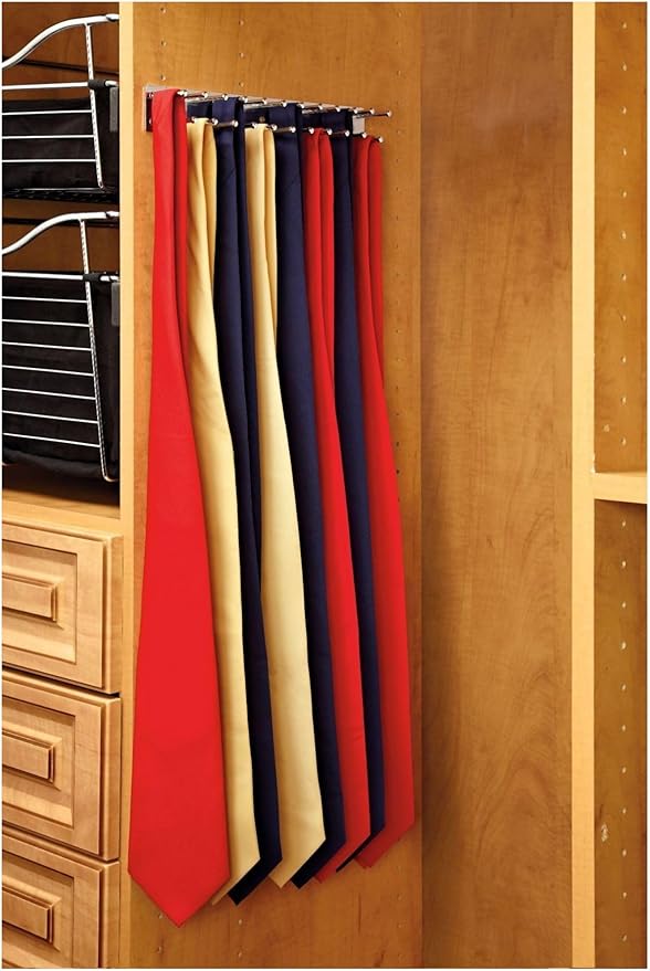Rev-A-Shelf TRC-12NS Classic Closet 11-3/4" Static Stationary Tie Rack Organizer for 23 Ties, Belts, Scarves - for Custom Closet Systems - Chrome