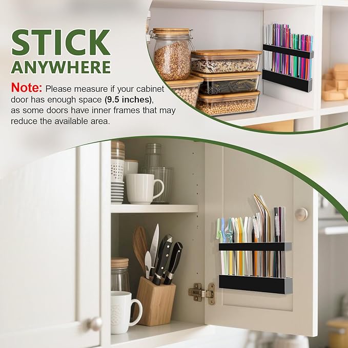9.5” Large Acrylic Straw Holder for Cabinet Door - Reusable Tumbler Straw Organizer Storage, Small Kitchen Accessories Container, Ultra Sticky Cupboard Door Mounted (Black)