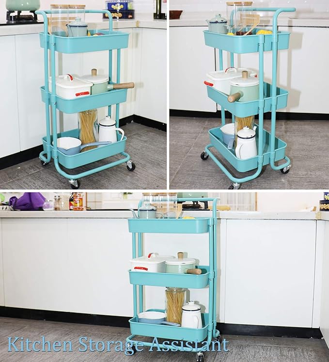 3 Tier Utility Rolling Cart Multifunction Organizer Shelf Storage Cart with 3 Piece Cups and 8 Piece Hooks for Home Kitchen Bathroom Laundry Room Office Store etc. (Blue)