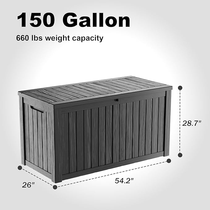 DRATO 150 Gallon Outdoor Storage Box, Large Waterproof Deck Box, Lockable Resin Storage Container with Reinforced Support for Patio Cushions, Garden Tools, UV-Resistant Outdoor Chest（Black，150 Gallon）