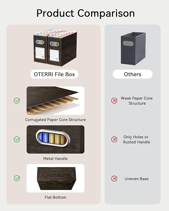 Oterri Cardboard File Organizer Box for Hanging File Folders Letter Size,File Box for Computer Desk,File Cabinet,Working Home,Office,Classroom (Brown Wood Grain Print, Letter Size - 4 Packs)