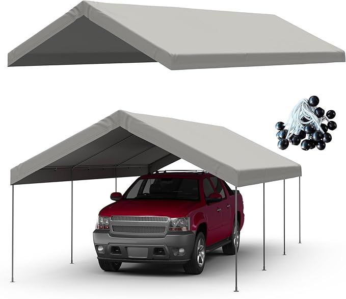 12x20 FT Carport Replacement Canopy Top Upgraded Car Port Canopy Cover for Carport Party Tent Waterproof & UV Protected, Easy Installation with Ball Bungees, Grey (Top Cover Only, Frame Not Included)