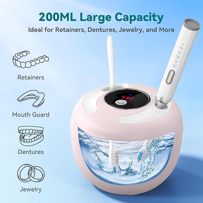 Dental Ultrasonic Retainer Cleaner Machine: 45kHz Dental Cleaning Pod for Denture, Mouth Guard, Night Guard, Aligner, Braces, Toothbrush Head & Jewelry, UV Cleaner with Digital Timer & 4 Modes, Pink