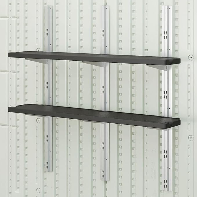Suncast Vertical Shed 2 Shelf Kit, Space Saving Shelving for Wall Mount Outdoor Storage Structures, 50" W x 11.25" D x 46.75" H, Black