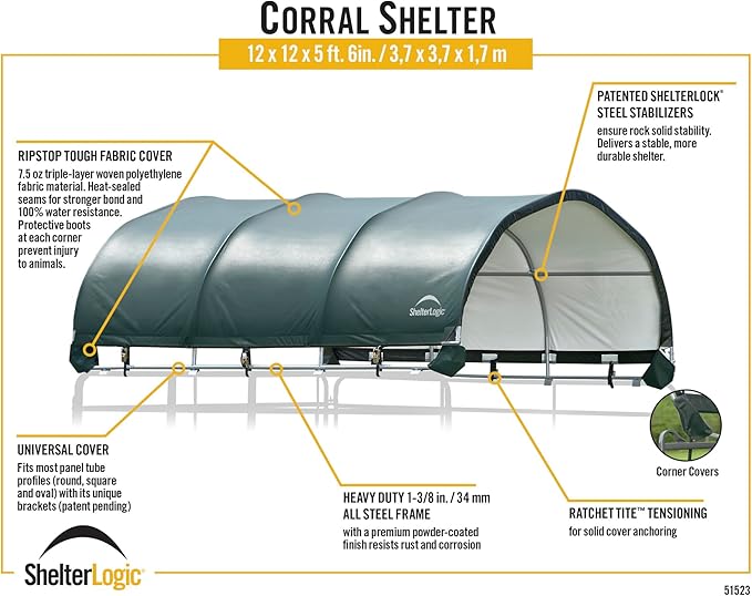 ShelterLogic 12' x 12' Corral Shelter and Livestock Shade Waterproof and UV Treated Universal Cover for Horses, Goats, and Other Livestock (Corral Panels Not Included) (Corral Shelter)