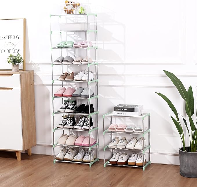 Stackable Small Shoe Rack, Entryway, Hallway and Closet Space Saving Storage and Organization (3-Tier, Green)