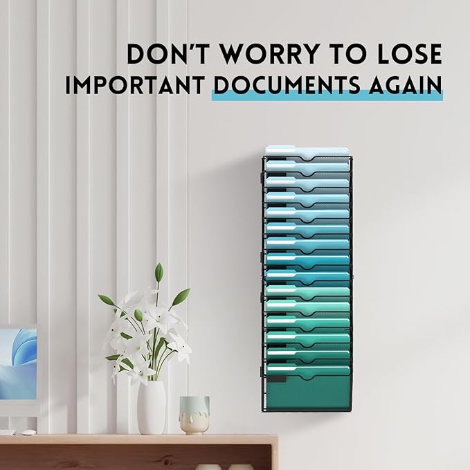 SUPEASY 15-Tier Wall File Organizer, Hanging Wall Files for Papers, Folders, Magazines, Wall Organizer for Clipboard, Assembly Needed, Black