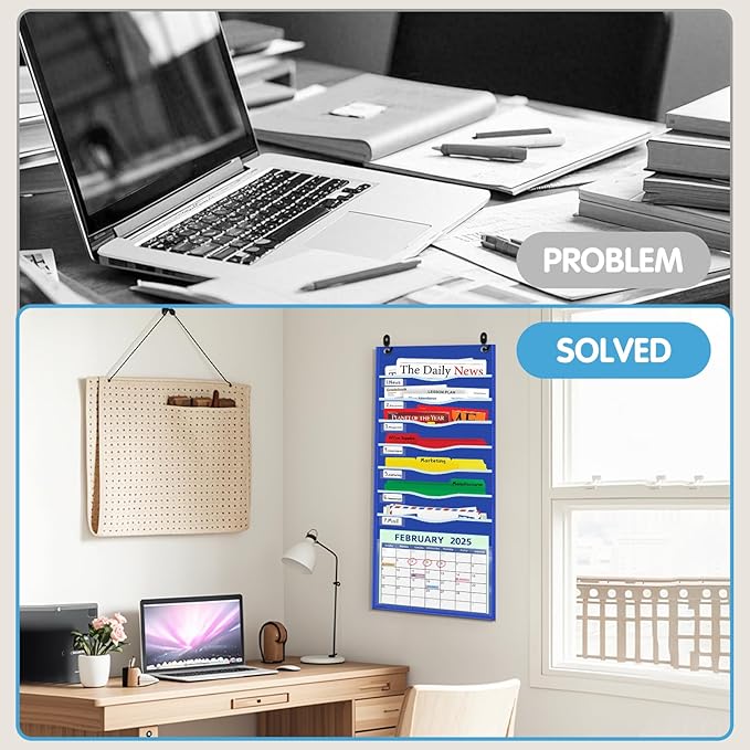 15" Extra Wide Hanging File Organizer with 8 Pockets - Heavy Duty Classroom Pocket Chart, Wall Mounted Document Organizer with Writable Clear Pocket, 5 Wall/ Door Hooks & 12 Labels (Blue)