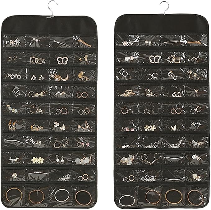 Muka Hanging Jewelry Organizer, Double Sided Foldable 80 Pockets Closet Jewelry Organizer Storage with Hanger, Black