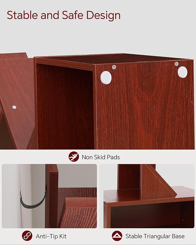 SUNMORY 6 Tier Tree Bookshelf, Tall Bookcase with Storage Cabinet, Modern Narrow Bookshelves Organizer, Floor Standing Book Shelf for Bedroom/Living Room/Home Office/Corner, Cherry