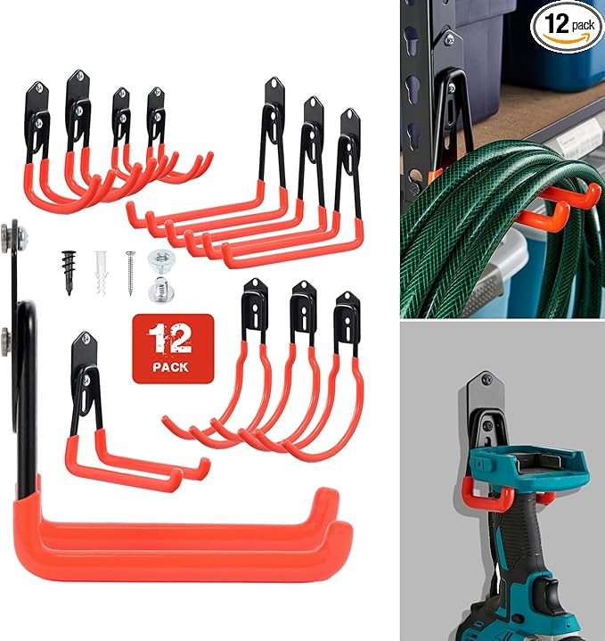 Wallmaster Garage Hooks Organizer Kit,12 Pack Adjustable Heavy Duty Shelving Hook,Wall Mount Utility Steel Garage Organization, for Organizing Garden Tools
