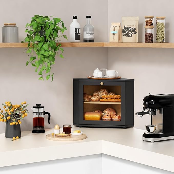 Corner Bread Box for Kitchen Countertop, Black Bread Storage Container for Homemade Bread, Two Layer Breadbox under Cabinet Mount, Large Bread Holder for Kitchen Counter, Pantry Shelf