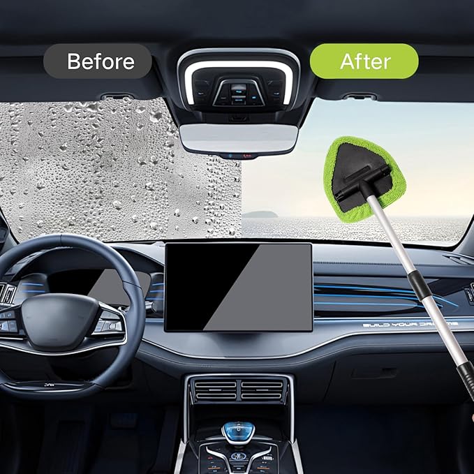 10pcs Windshield Cleaner Tool, Car Window Cleaning Wash Kit with 4 Reusable Microfiber Pads 1 Spray Bottle and Extendable Handle Auto Glass Wiper Kit, Green
