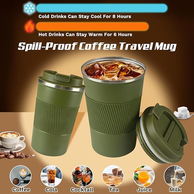 Vacuum-Insulated Stainless Steel Travel Coffee Mug, Leak-Proof Reusable Coffee Cup with Lid - Keep Hot & Cold Drinks for Hours, Durable Insulated Tumbler for Men & Women(3rd-Green, 17OZ)