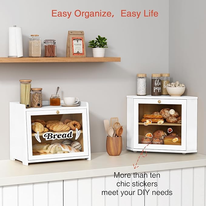 White Corner Bread Box for Kitchen Countertop, 2 Tier Breadbox for Sourdough Loaf, Modern Bread Storage Container for Island Counter Top Organizer, Cabinet Cupboard Pantry Shelf (Bamboo Wood)