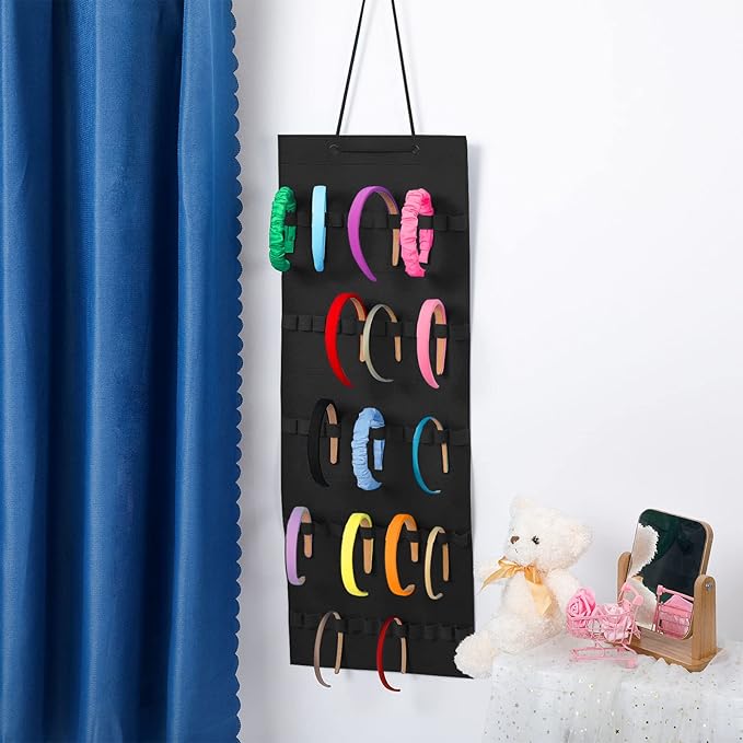 Tudomro Hanging Headband Holder for Girls Felt Hair Accessories Organizer with 60 Elastic Bands Bow Hanger for Girls Hair Bows Without Headbands(Plain Style,Black)