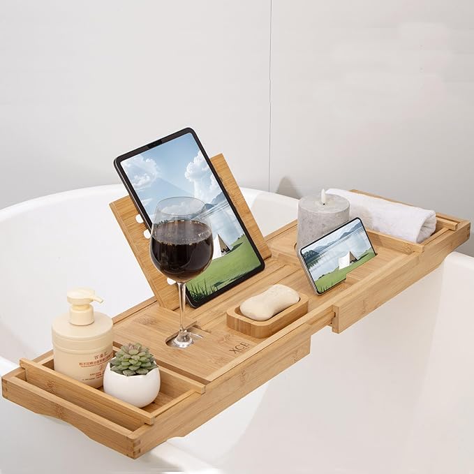 XcE Bamboo Bathtub Caddy Tray - Expandable to 41 Inches with Book Stand, Soap Holder & Anti-Slip Pads for Luxury Bath Spa, Natural