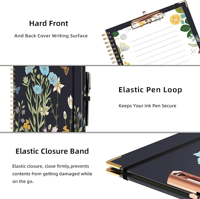 Ospelelf Clipboard with Storage 8.5 X 11，Padfolio Organizer, Spiral Portfolio Letter Size with Notepad, Pen Holder, 5 Extra Folder Divider Pages, Elastic Closure Nurse Essentials (Night Flowers)