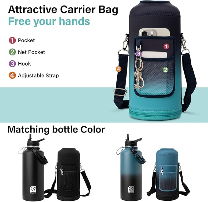 Insulated Water Bottle | Thickened Stainless Steel for Gym and Hiking with Straw, Carrier Bag, Handle Strap | BPA-Free 87 oz