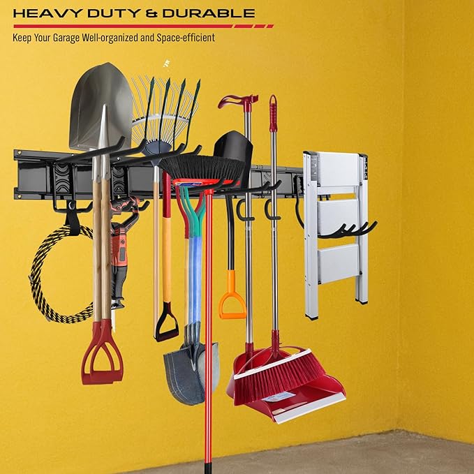 SEDY 48" Heavy Duty Garage Wall Organizer, Wall Mount Tool Storage Rack with Adjustable Hooks, Garden Tool Organizer Hold Up to 300lbs, Easy Installation (8 Hooks, 3 Rails, 3 Straps)