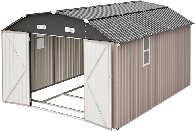 10×12 FT Outdoor Storage Shed,Heavy-Duty Metal Shed with Floor Base,All Weather Waterproof Tool Shed W/Diamond Roof & Windows,Lockable Double Door & 4 Air Vents,for Backyard,Patio,Lawn,Brown
