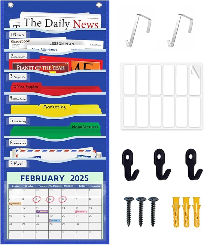 15" Extra Wide Hanging File Organizer with 8 Pockets - Heavy Duty Classroom Pocket Chart, Wall Mounted Document Organizer with Writable Clear Pocket, 5 Wall/ Door Hooks & 12 Labels (Blue)