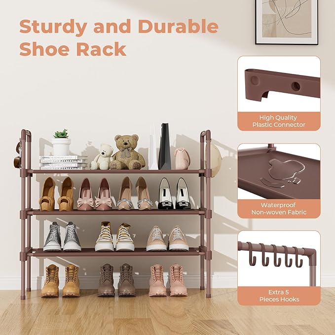 3 Tier Shoe Rack for Closet Shoe Organizer with 5 Hooks, Long Shoe Shelf Storage for Shoe and Boot Stackable Free Standing Shoe Rack for Entryway, Garage, Small Spaces, Dorm, Brown
