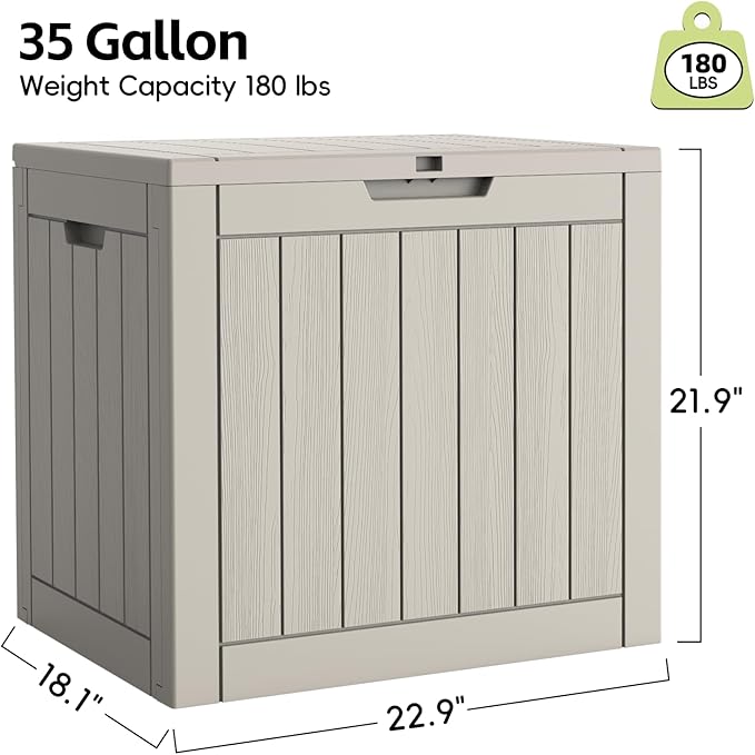 Outdoor Storage Box, 35 Gallon Deck Box Waterproof, Resin Patio Storage Bin for Package Delivery, Patio Furniture Cushion, Garden Tools, Pool Accessories, Weatherproof, Grey
