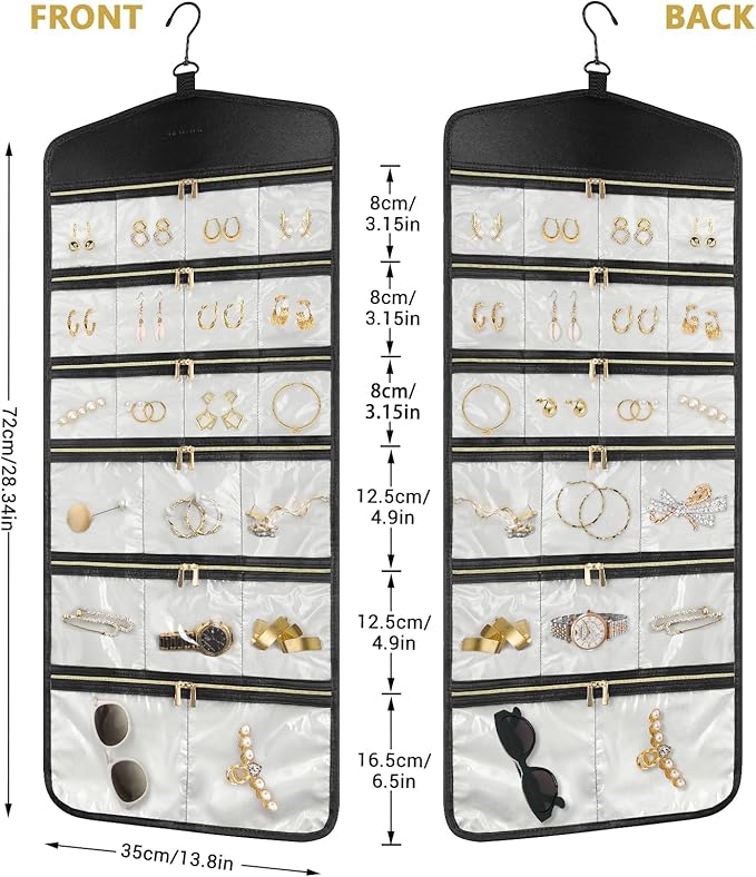 CHICECO Hanging Jewelry Organizer With Zippered Pockets,40 Pockets Travel Jewelry Organizer Storage for Cloest,Wall,Door (Beige)