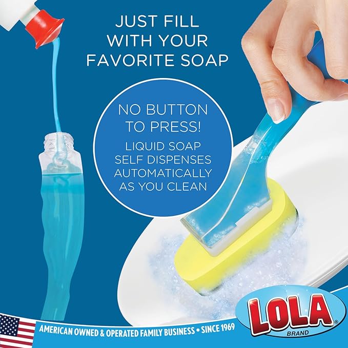 LOLA Soap Dispenser Dish Brush Wand, Absorbent Sponge Scrubber, No Leaking. Clean Dishes, Sinks and Cookware, 1 Brush w/Head