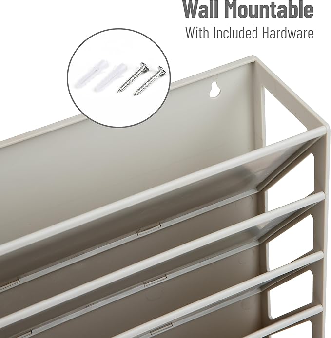 Mind Reader 5-Tier Vertical File Storage, Desktop Organizer, Wall Mount, Office, Plastic, 13"L x 4.25"W x 16"H, Beige