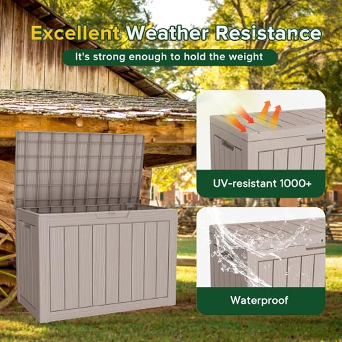 45 Gallon Outdoor Storage Box Waterproof, Resin Deck Boxes with Lockable Lid & UV-Resistant for Patio, Pool, Garden Furniture Cushions & Accessories, Coffee
