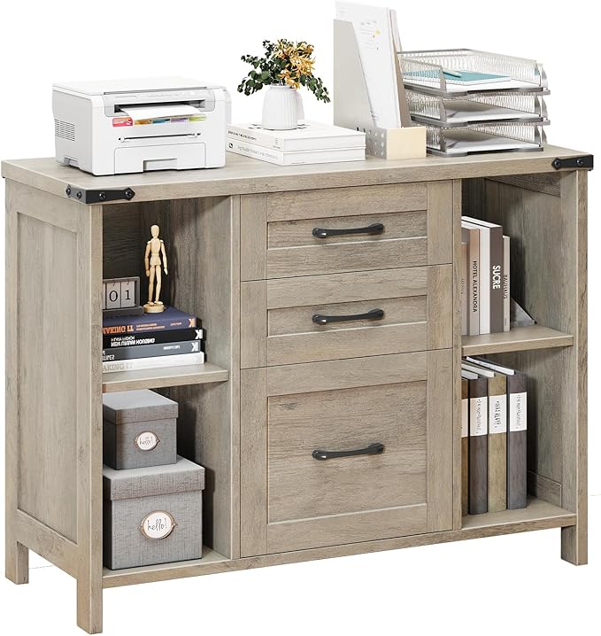 3 Drawer File Cabinet, Farmhouse Lateral Filing Cabinet Fits File Letter or A4 Size, Wooden Printer Stand with Open Storage Adjustable Shelf for Home Office, Grey