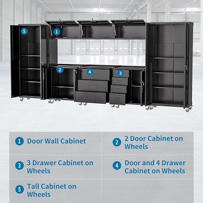 Garage Storage Cabinets System 8 PCS Workshop Set with Drawers Locking Heavy Duty Rolling Cart with Adjustable Shelves Garage Tool Workbench Cabinets (8 PCS, Black)