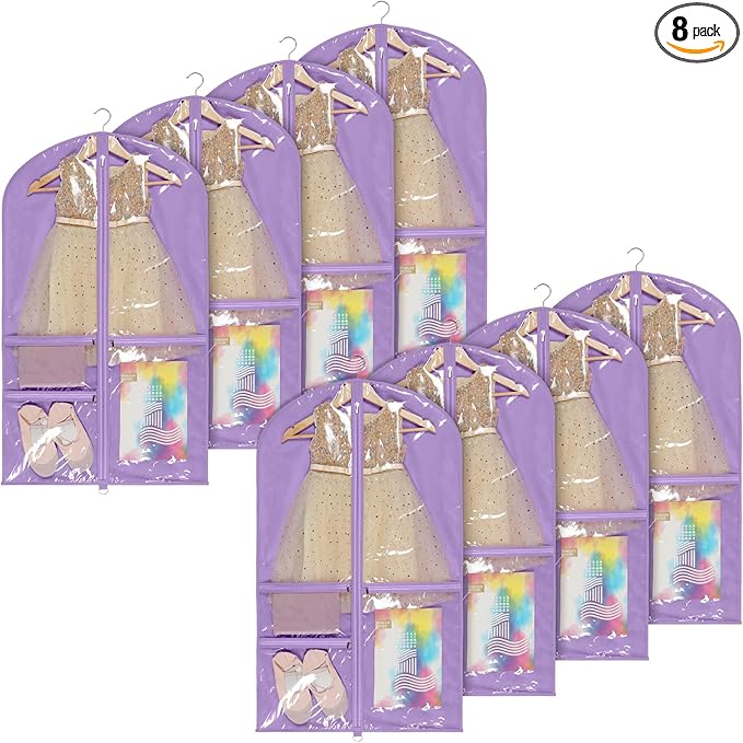 Univivi Kids Garment Bags for Dance Costumes With Full Zipper, Garment Bags for Hanging Clothes With 3 Medium Clear Zipper Pockets for Dance Costume Storage (Purple) - 8 Pack