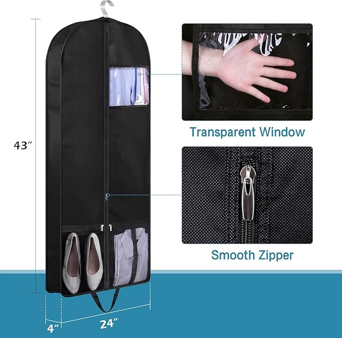 KIMBORA 43" Suit Bags for Closet Storage and Travel, Gusseted Mesh Hanging Garment Bags for Men Suit Cover with Handle for Clothes, Coats, Jackets, Shirts（3 Packs，Black）