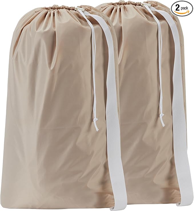 HOMEST 2 Pack XL Nylon Laundry Bag with Strap, Large Dirty Clothes Organizer, Easy Fit a Laundry Hamper or Basket, Can Carry Up to 4 Loads of Laundry, Beige