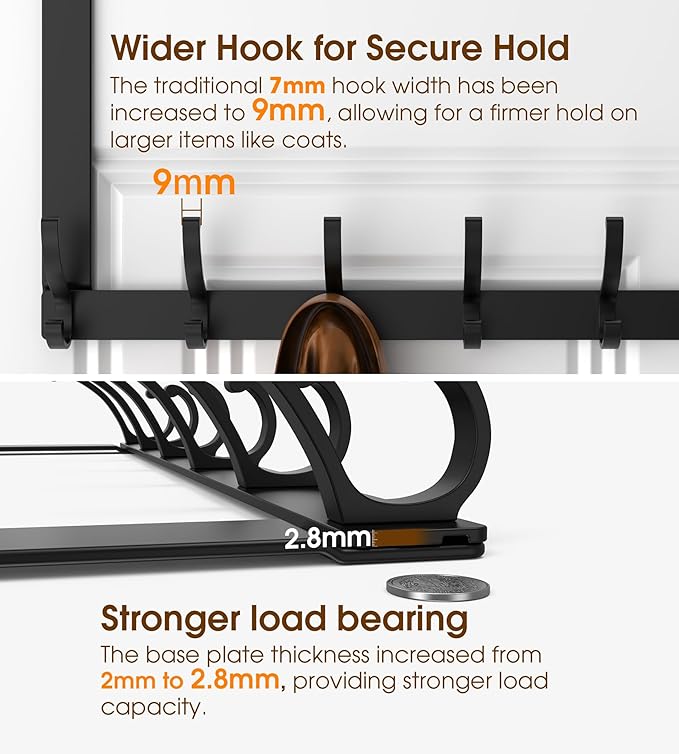 Long Over The Door Hooks Hanger with 15.75" Arms for Easier Access by Shorter, Heavy Duty Door Hanger for Coat, F16U, Fits Standard 1 3/4'' Doors, Towel Racks for Bathroom, Black