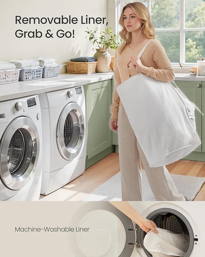 SONGMICS Laundry Hamper with Lid, 23.8 Gallon (90L) Synthetic Rattan Clothes Laundry Basket with Lid and Handles, Foldable, Removable Liner, Summer Sand ULCB051LZ01