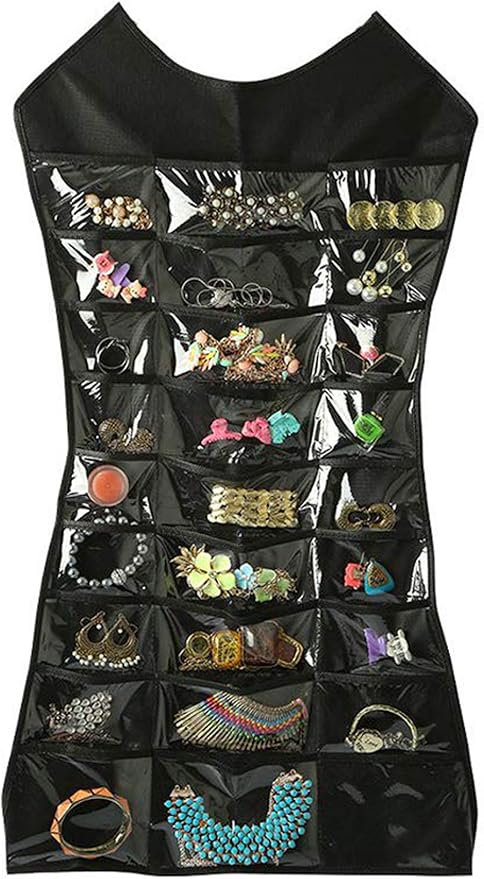 Fabric Double Sided Dress Style Hanging Organizer for Jewellery and Makeup Accessories Organizer for Necklaces, Chains, Earrings, Watch, Pendants & Cosmetics (Black) -Ctktc034754